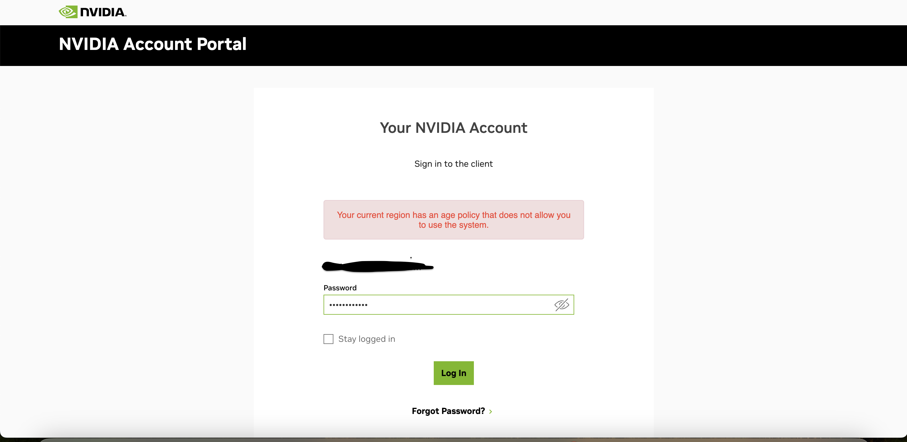 NVIDIA Login Error: Your current region has an age policy that does not allow you to use the system.